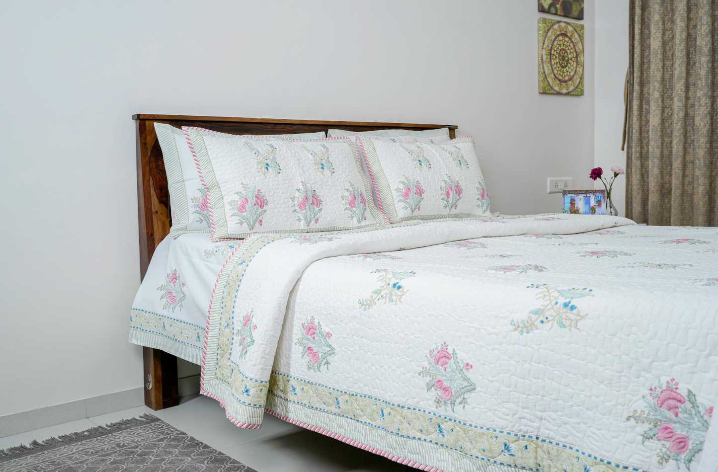 Spring Bloom|Handblock printed Quilted Bedcover|Double bed: Queen Size |Premium MulmulCotton|Organic Cotton sheet filling|Complementing  pillow covers