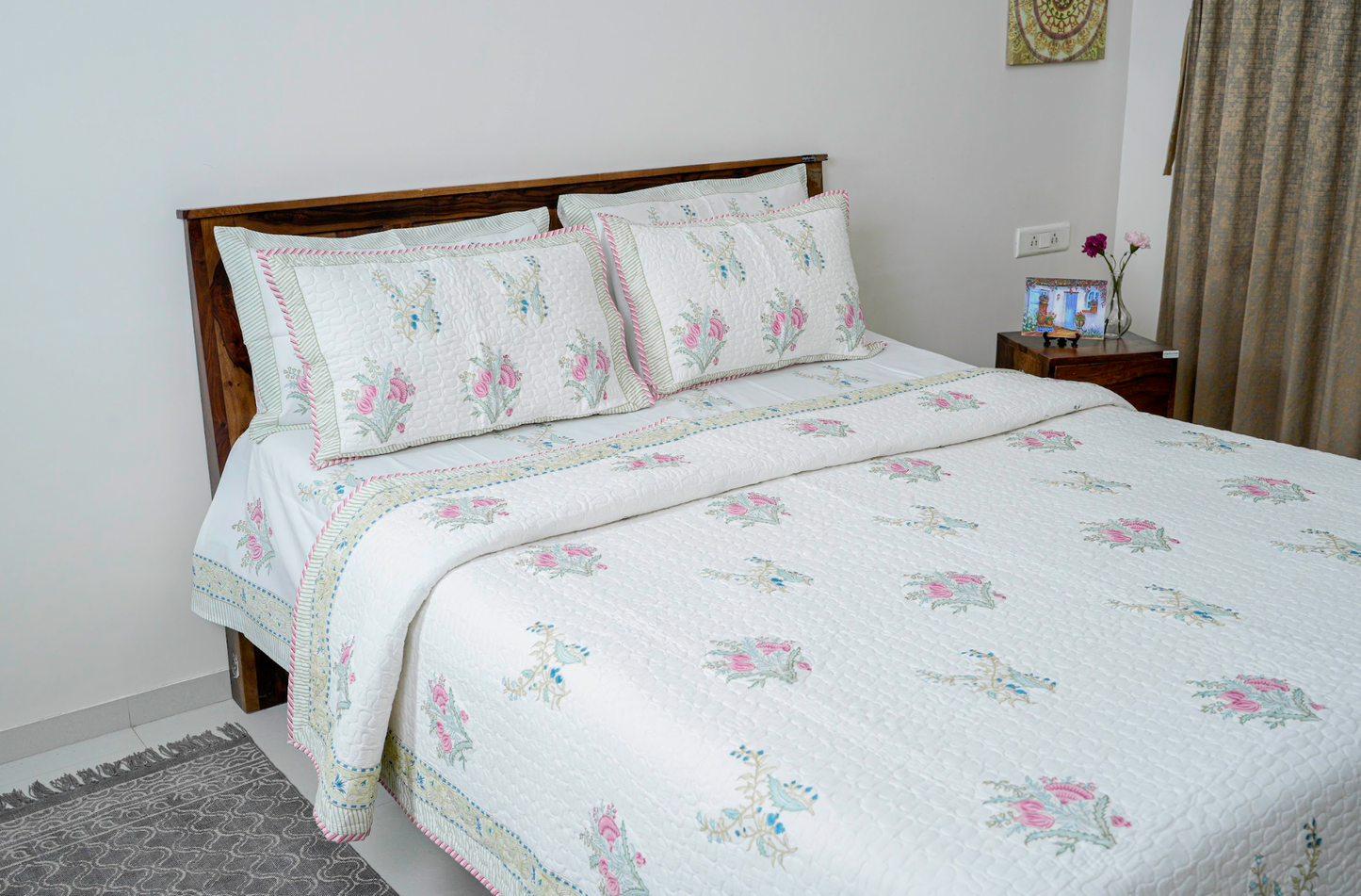 Spring Bloom|Handblock printed Quilted Bedcover|Double bed: Queen Size |Premium MulmulCotton|Organic Cotton sheet filling|Complementing  pillow covers