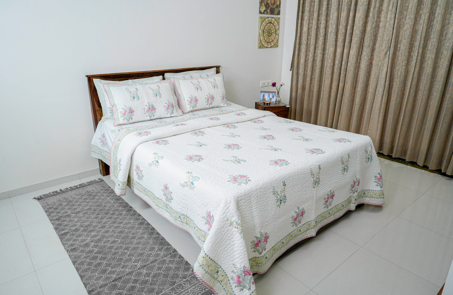 Spring Bloom|Handblock printed Quilted Bedcover|Double bed: Queen Size |Premium MulmulCotton|Organic Cotton sheet filling|Complementing  pillow covers