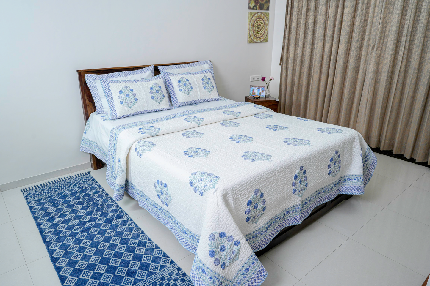 Royal Blueganza |Handblock printed Quilted Bedcover|Double bed: Queen Size |Premium MulmulCotton|Organic Cotton sheet filling|Complementing  pillow covers