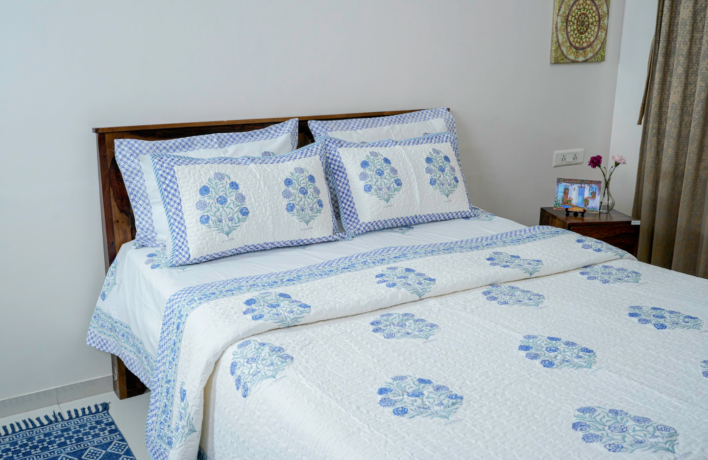 Royal Blueganza |Handblock printed Quilted Bedcover|Double bed: Queen Size |Premium MulmulCotton|Organic Cotton sheet filling|Complementing  pillow covers