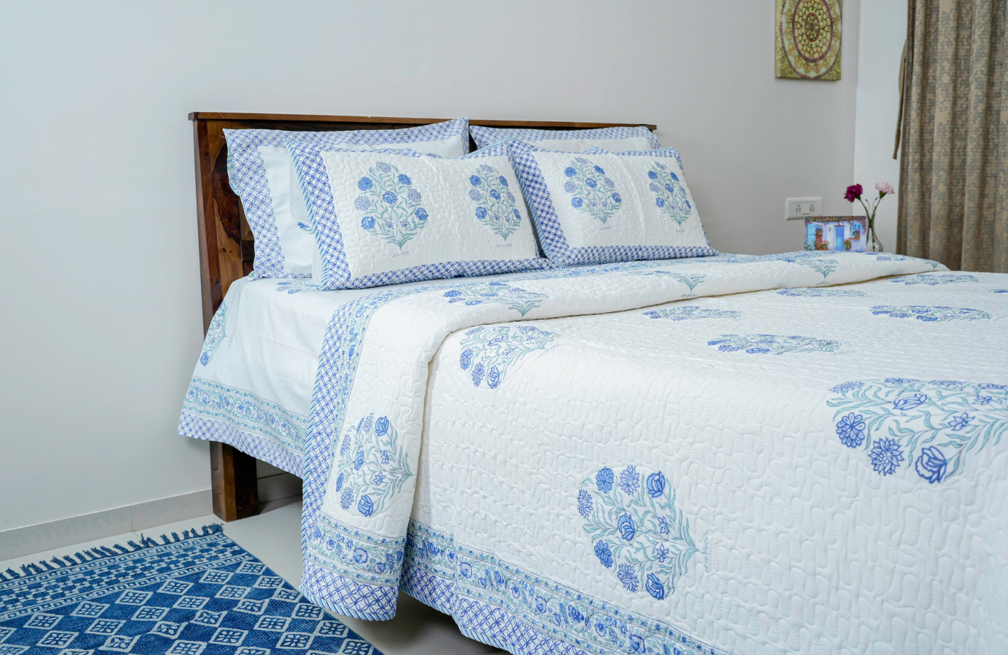 Royal Blueganza |Handblock printed Quilted Bedcover|Double bed: Queen Size |Premium MulmulCotton|Organic Cotton sheet filling|Complementing  pillow covers