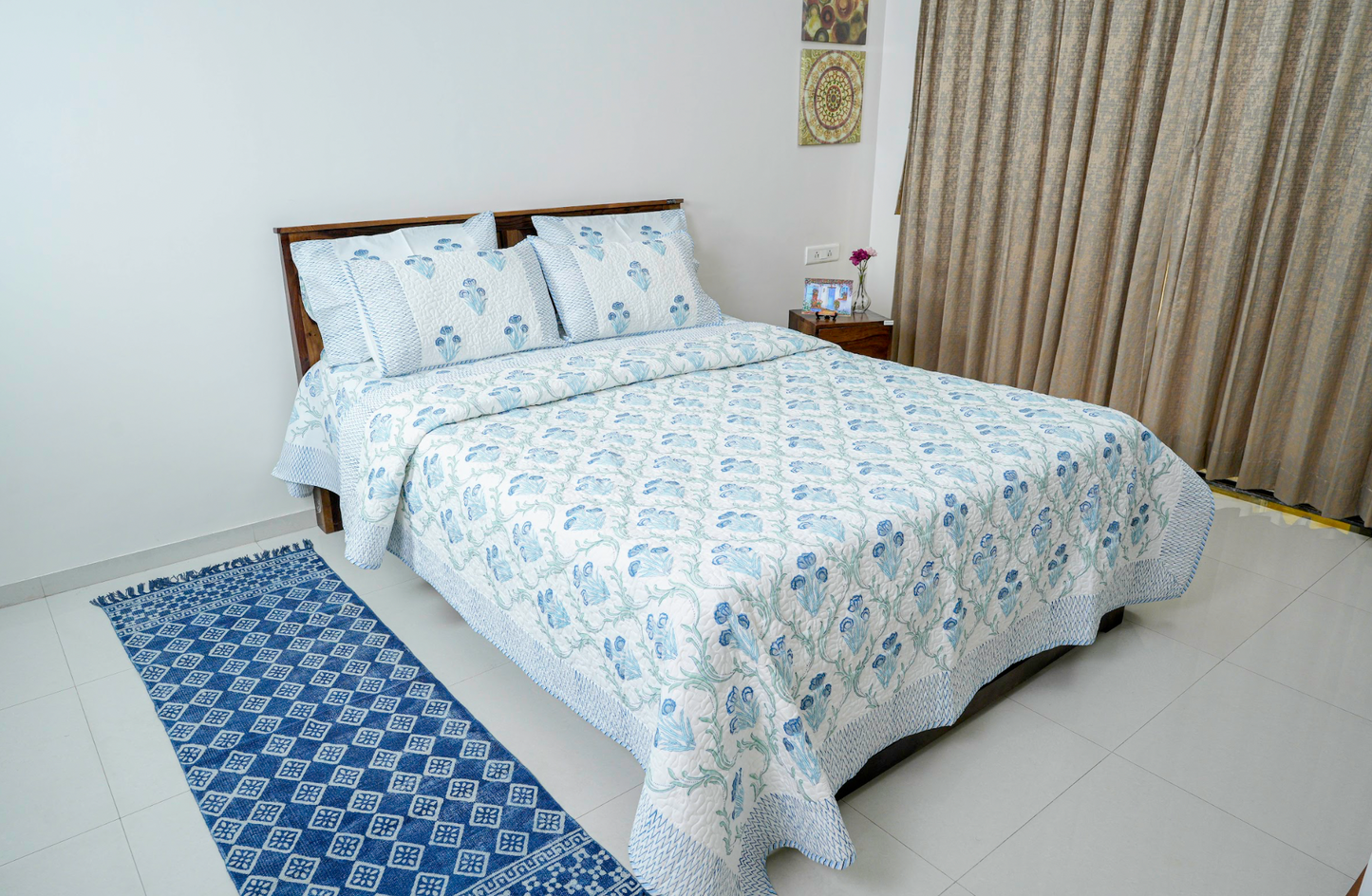 Neele Phoolon ka Sundar Jaal |Handblock printed Quilted Bedcover|Double bed: Queen Size |Premium MulmulCotton|Organic Cotton sheet filling|Complementing  pillow covers