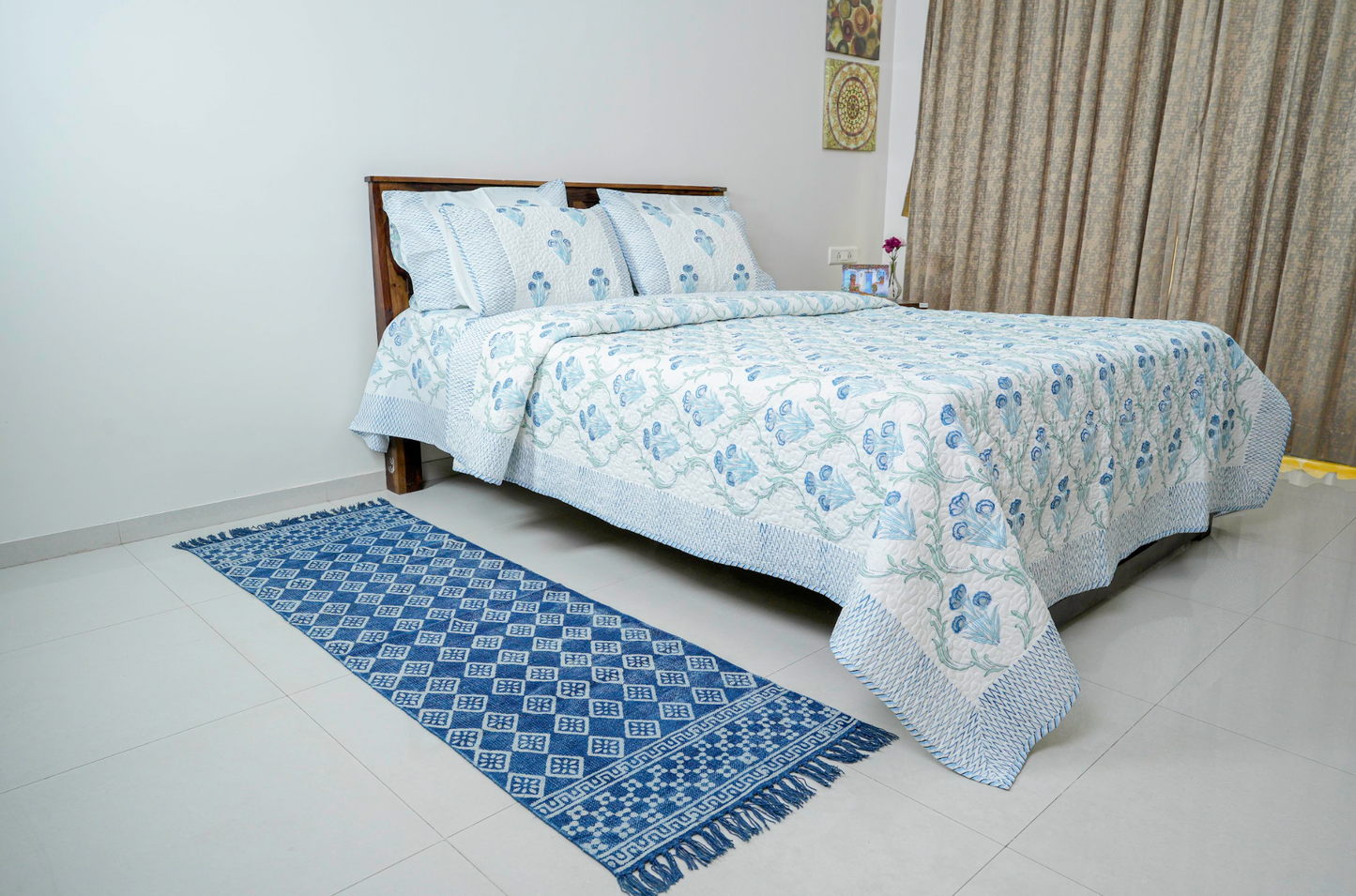 Neele Phoolon ka Sundar Jaal |Handblock printed Quilted Bedcover|Double bed: Queen Size |Premium MulmulCotton|Organic Cotton sheet filling|Complementing  pillow covers