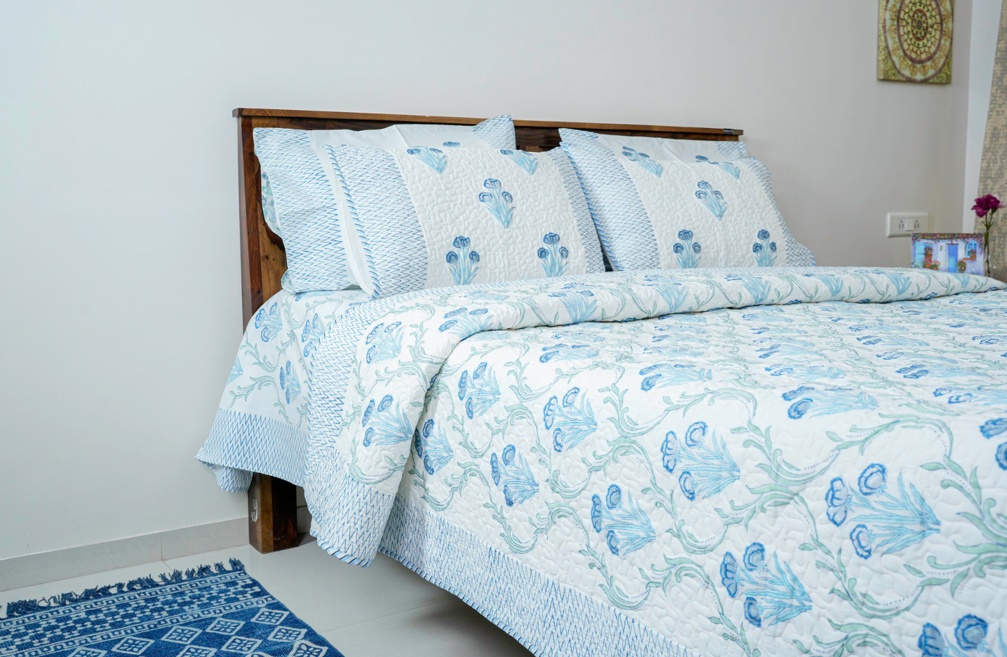 Neele Phoolon ka Sundar Jaal |Handblock printed Quilted Bedcover|Double bed: Queen Size |Premium MulmulCotton|Organic Cotton sheet filling|Complementing  pillow covers