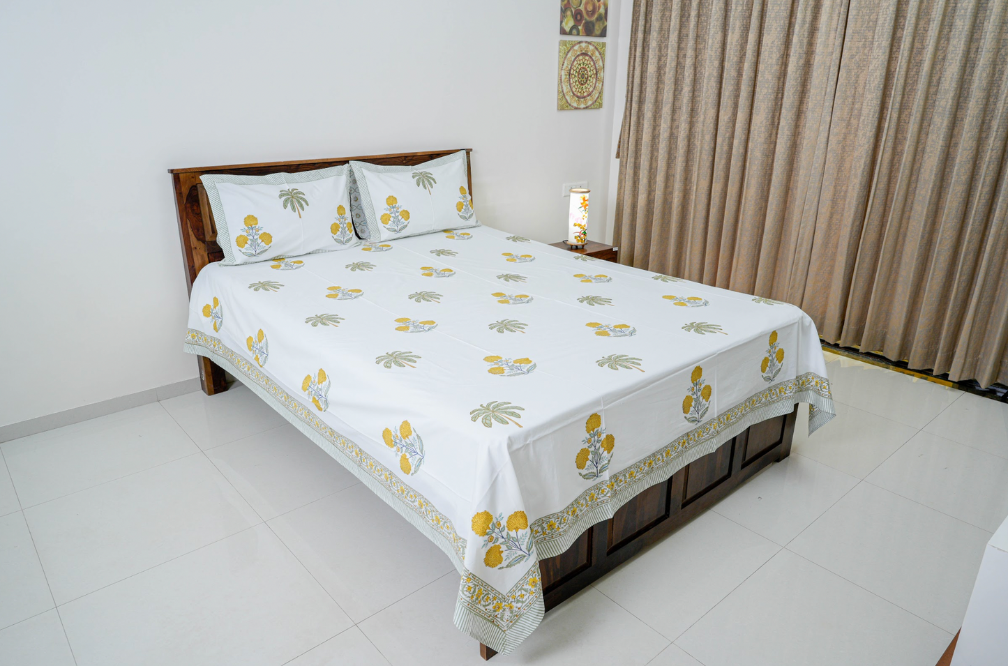 Genda phool | Handblock printed Bedsheet|Double bed: Queen Size|210 TC Premium Cotton|Complementing pillow covers