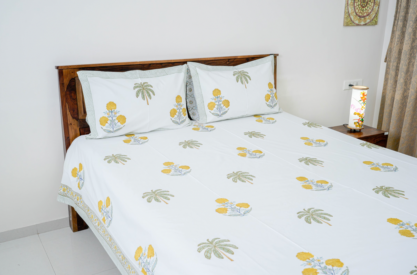 Genda phool | Handblock printed Bedsheet|Double bed: Queen Size|210 TC Premium Cotton|Complementing pillow covers