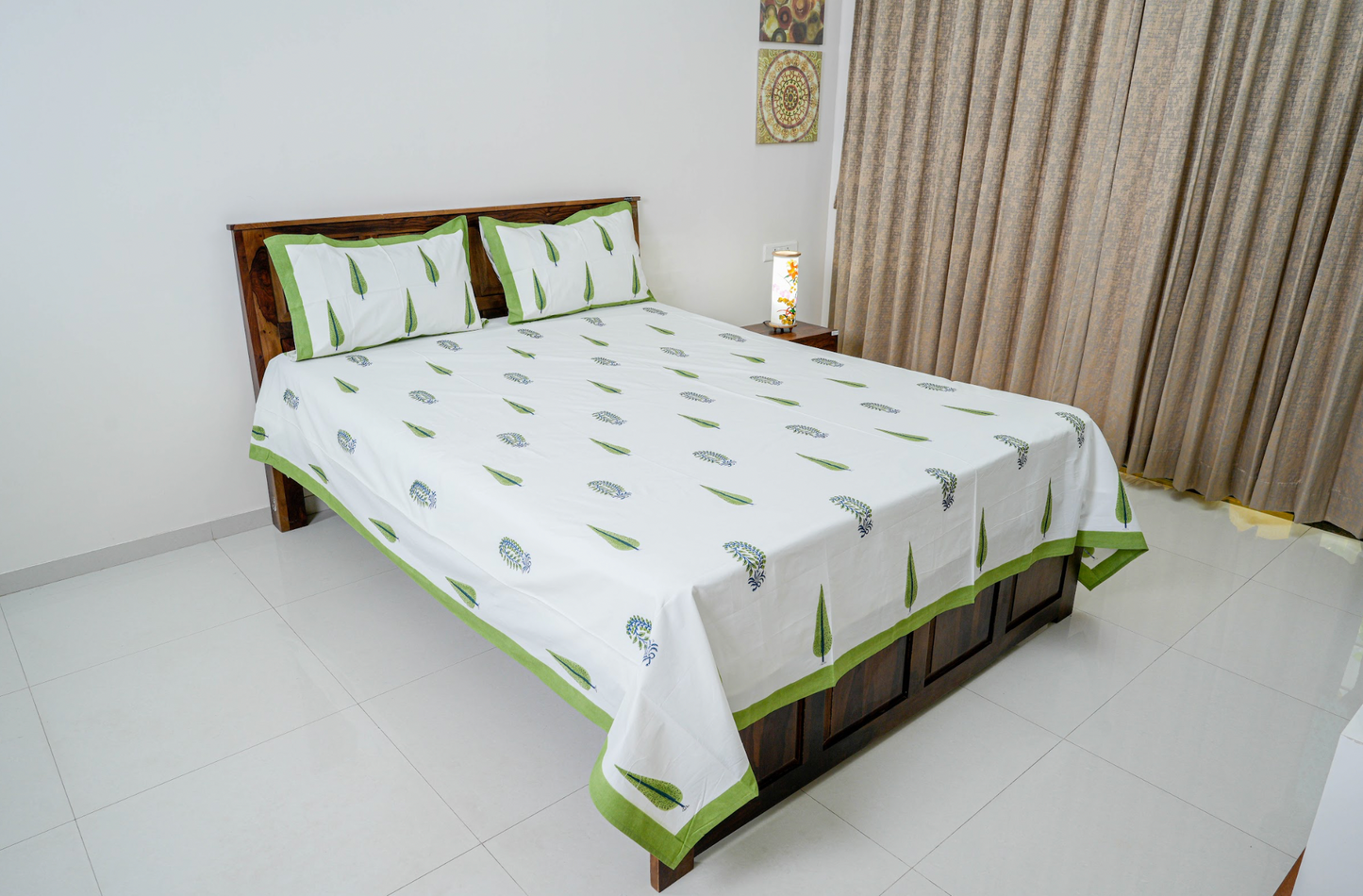 Cypress leaf and Paisely | Handblock printed Bedsheet|Double bed: Queen Size|300 TC Premium Cotton|Complementing pillow covers