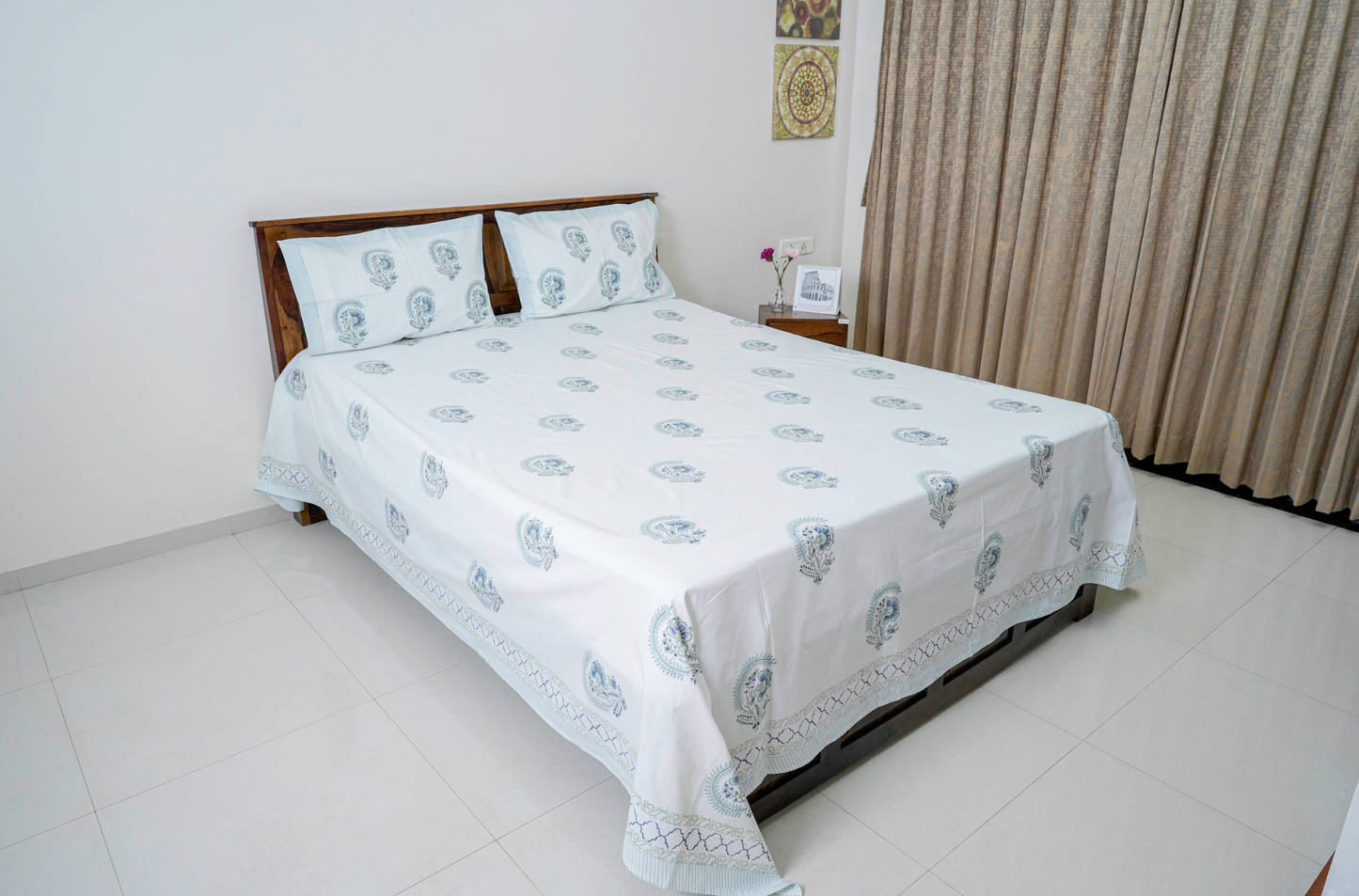 Morning Glory in Blue|Handblock printed Bedsheet|Double bed: King Size |300 TC Premium Cotton|Reversibe pillow covers