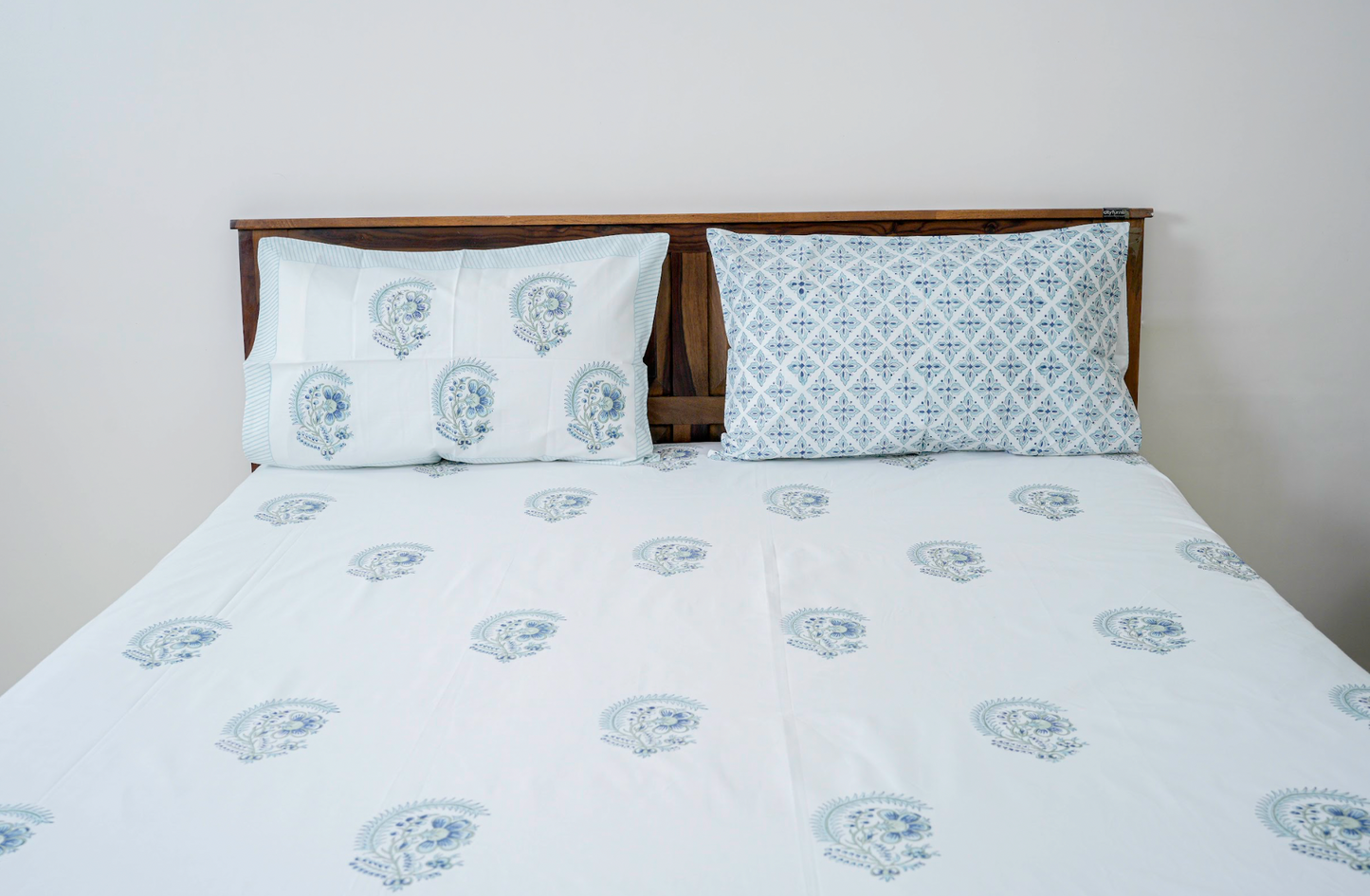 Morning Glory in Blue|Handblock printed Bedsheet|Double bed: King Size |300 TC Premium Cotton|Reversibe pillow covers