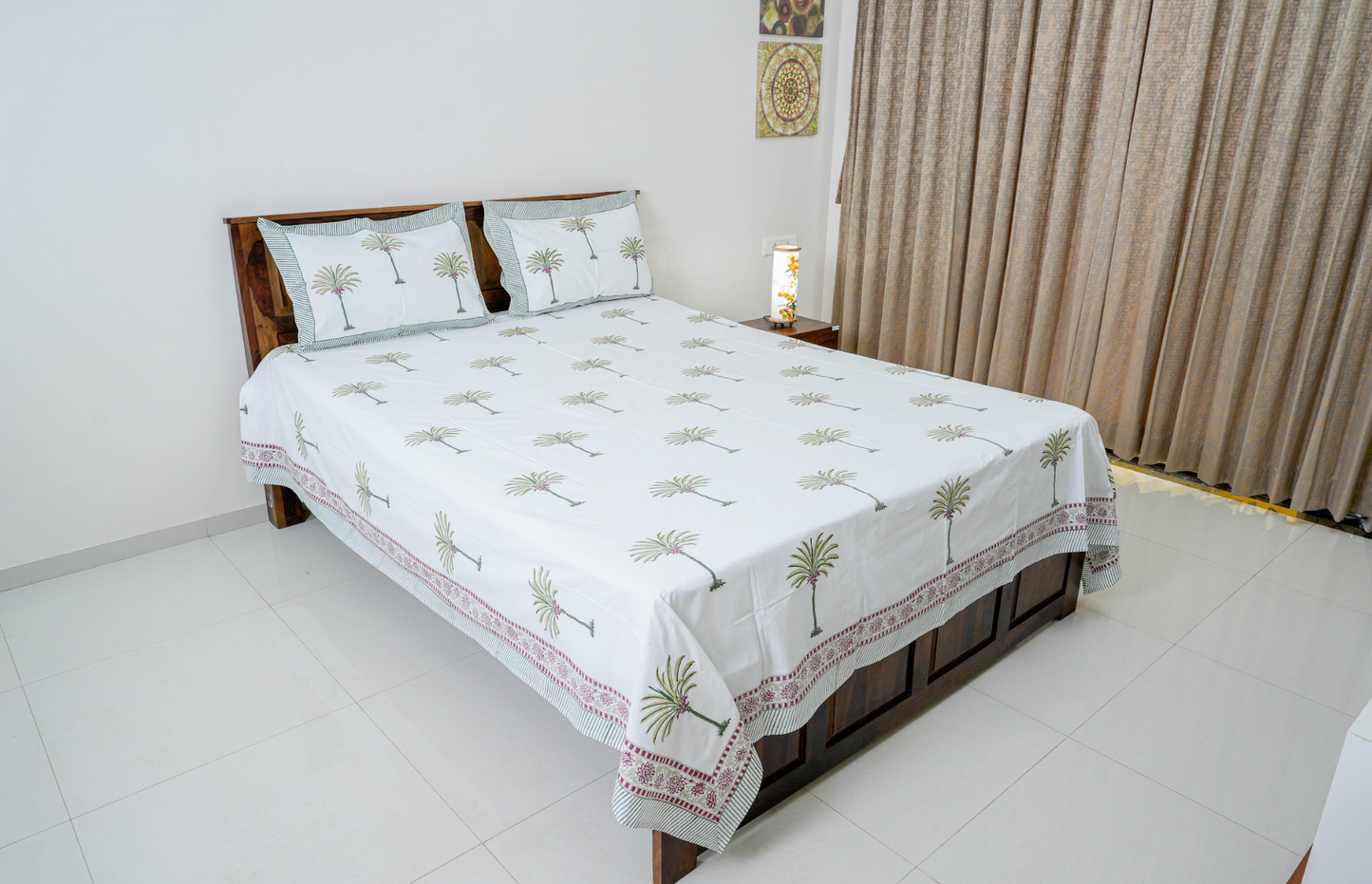 Palm tree|| Handblock printed Bedsheet|Double bed: Queen Size|300 TC Premium Cotton|Complementing pillow covers