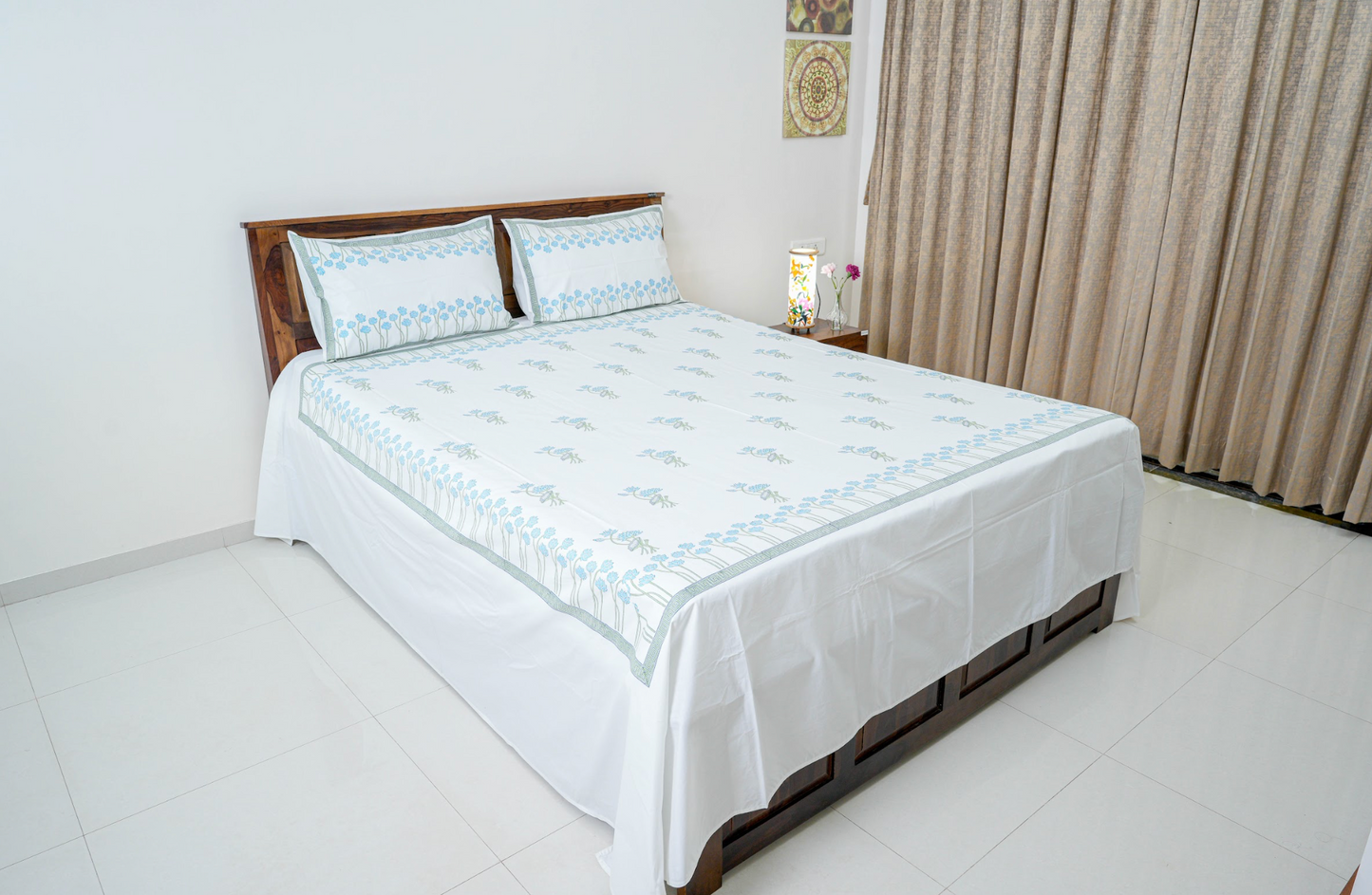 Blue Lotus | Handblock printed Bedsheet|Double bed: King Size |400 TC Premium Cotton|Complementing pillow covers