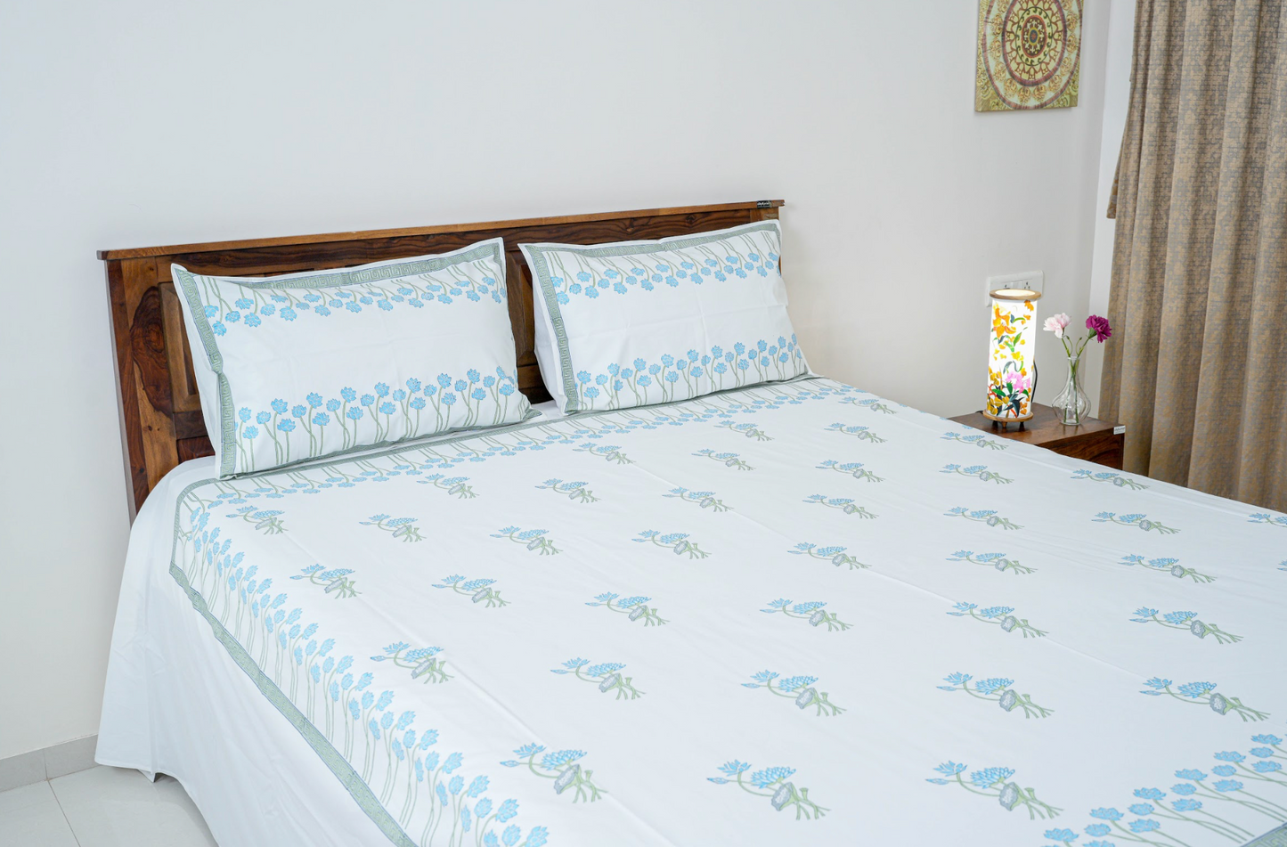 Blue Lotus | Handblock printed Bedsheet|Double bed: King Size |400 TC Premium Cotton|Complementing pillow covers