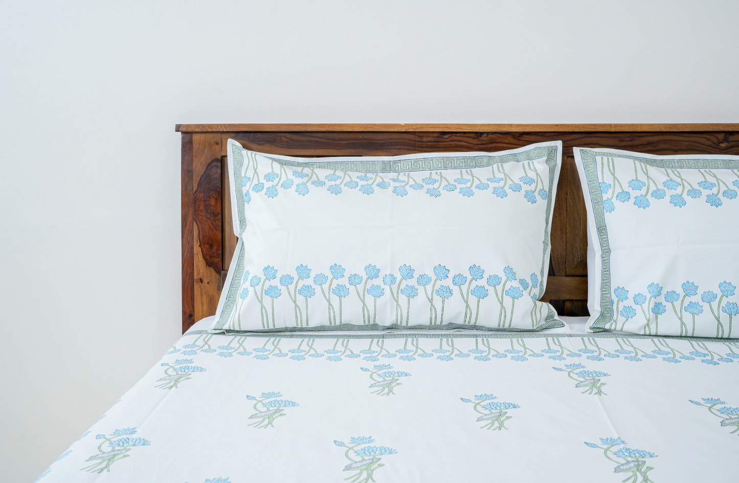 Blue Lotus | Handblock printed Bedsheet|Double bed: King Size |400 TC Premium Cotton|Complementing pillow covers