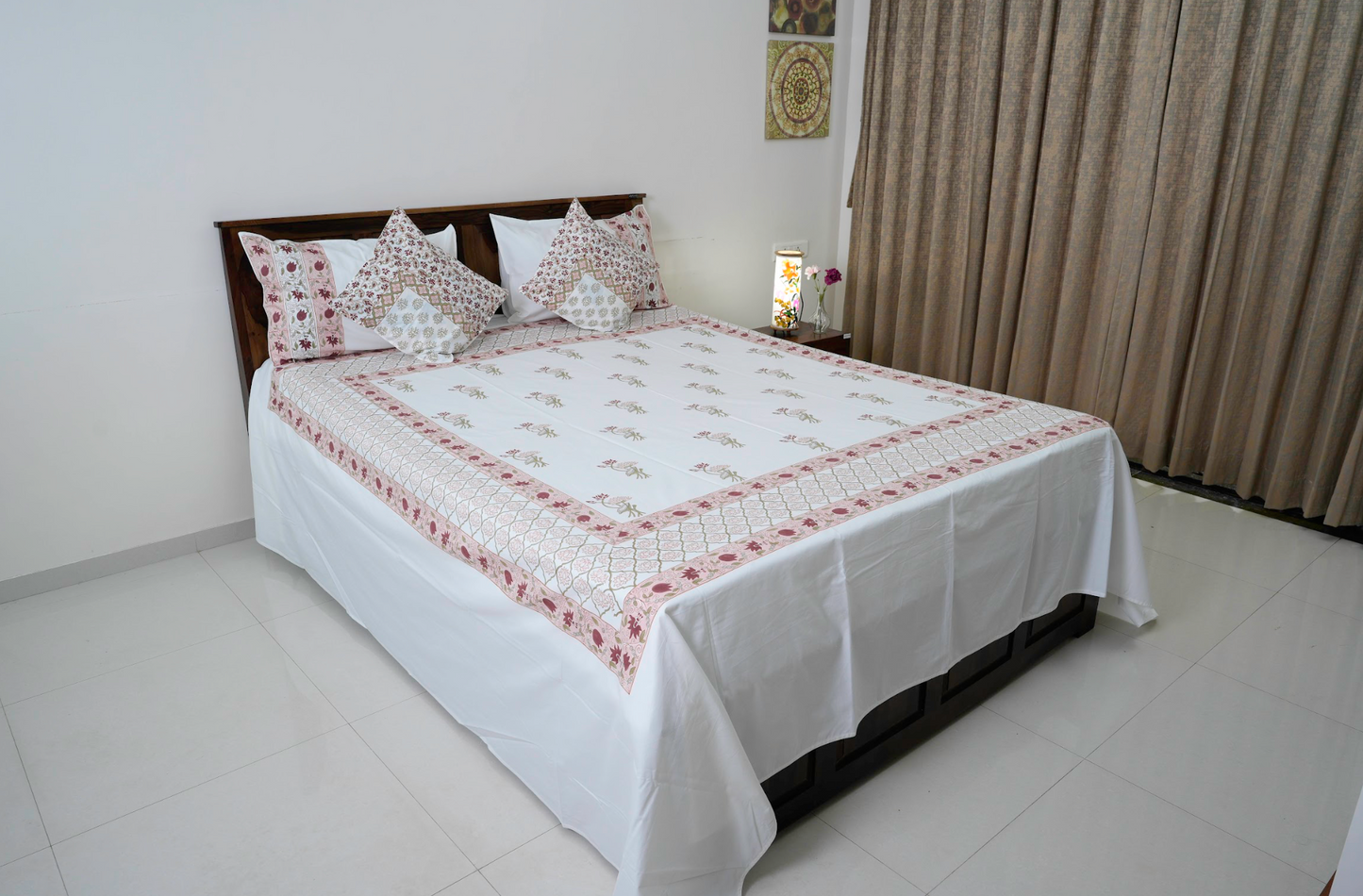 Blooming Lotus | Handblock printed Bedsheet|Double bed: King Size |400 TC Premium Cotton|Complementing pillow and cushion covers