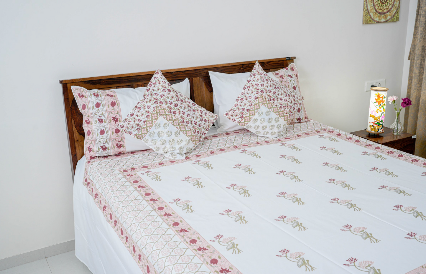 Blooming Lotus | Handblock printed Bedsheet|Double bed: King Size |400 TC Premium Cotton|Complementing pillow and cushion covers