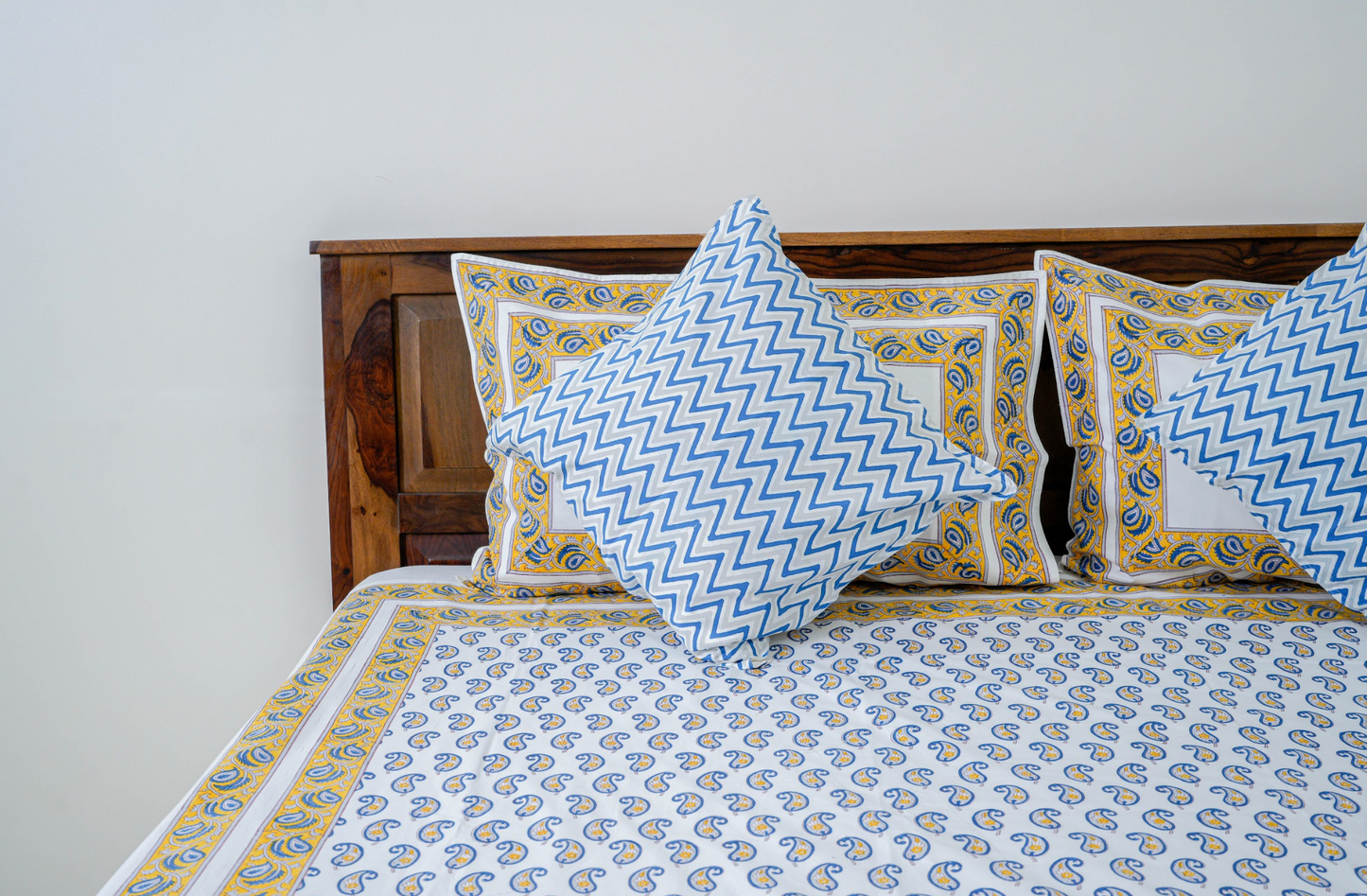 Yellow and Blue Paisley | Handblock printed Bedsheet|Double bed: King Size |400 TC Premium Cotton|Complementing pillow and cushion covers