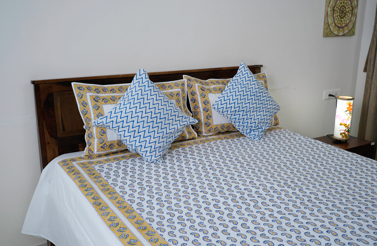 Yellow and Blue Paisley | Handblock printed Bedsheet|Double bed: King Size |400 TC Premium Cotton|Complementing pillow and cushion covers