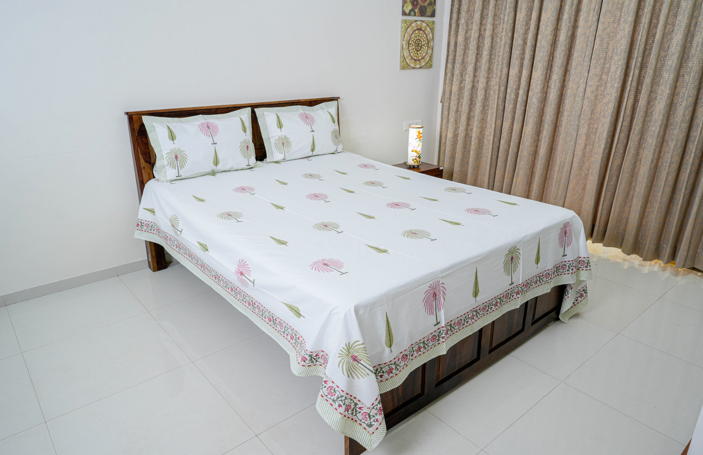 Cypress and Palm| Handblock printed Bedsheet|Double bed: Queen Size |210 TC Premium Cotton|Complementing pillow covers