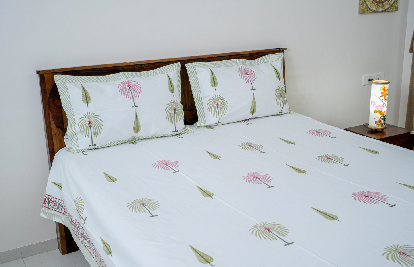 Cypress and Palm| Handblock printed Bedsheet|Double bed: Queen Size |210 TC Premium Cotton|Complementing pillow covers