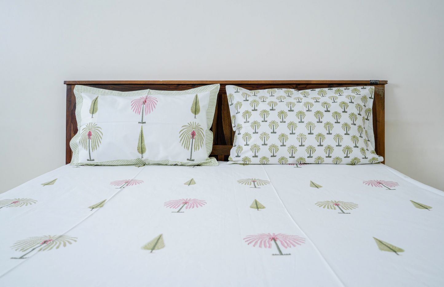 Cypress and Palm| Handblock printed Bedsheet|Double bed: Queen Size |210 TC Premium Cotton|Complementing pillow covers