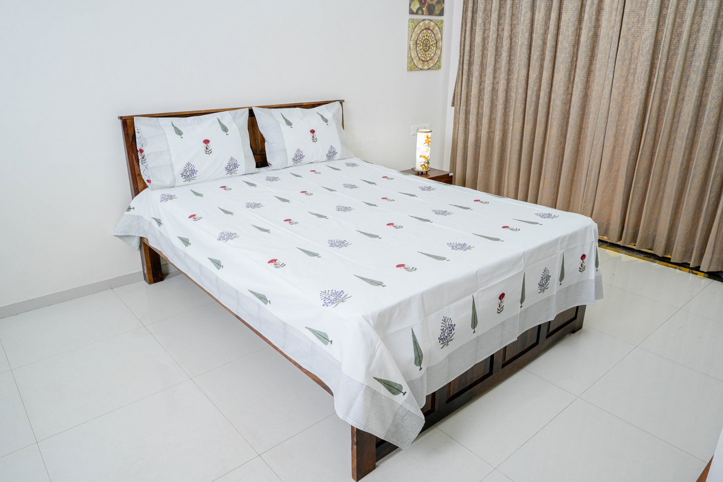 Bluebonnet and roses|| Handblock printed Bedsheet|Double bed: Queen Size|300 TC Premium Cotton|Complementing pillow covers