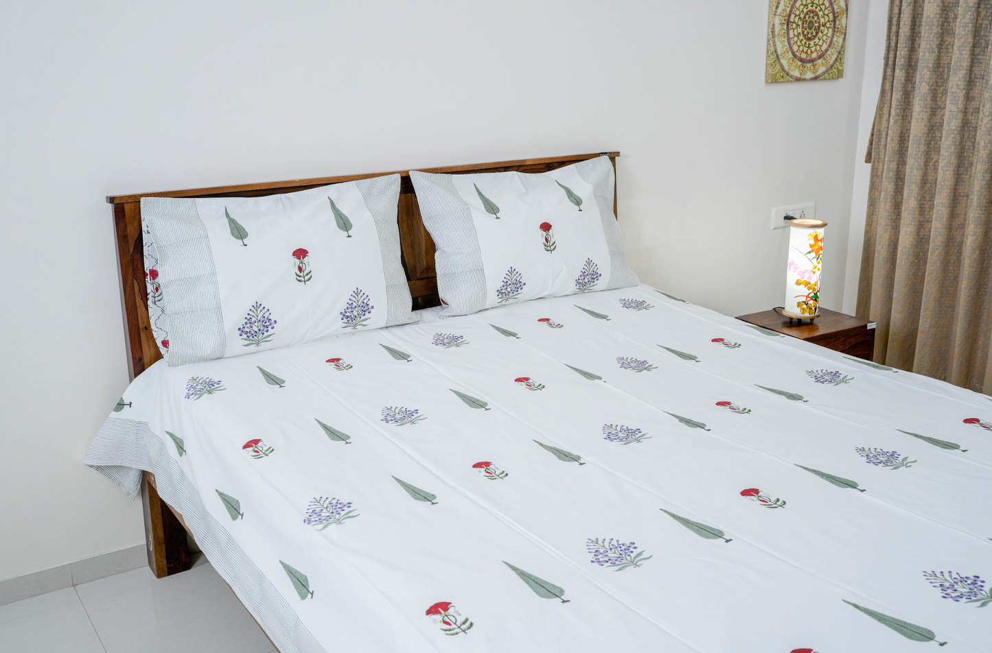 Bluebonnet and roses|| Handblock printed Bedsheet|Double bed: Queen Size|300 TC Premium Cotton|Complementing pillow covers