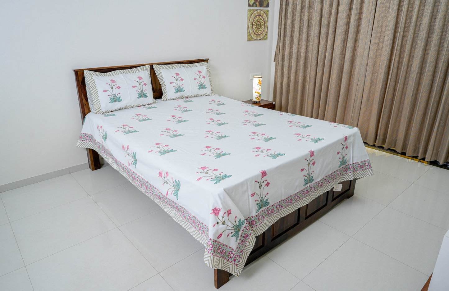 Water Lilies | Handblock printed Bedsheet|Double bed: Queen Size|300 TC Premium Cotton|Complementing pillow covers