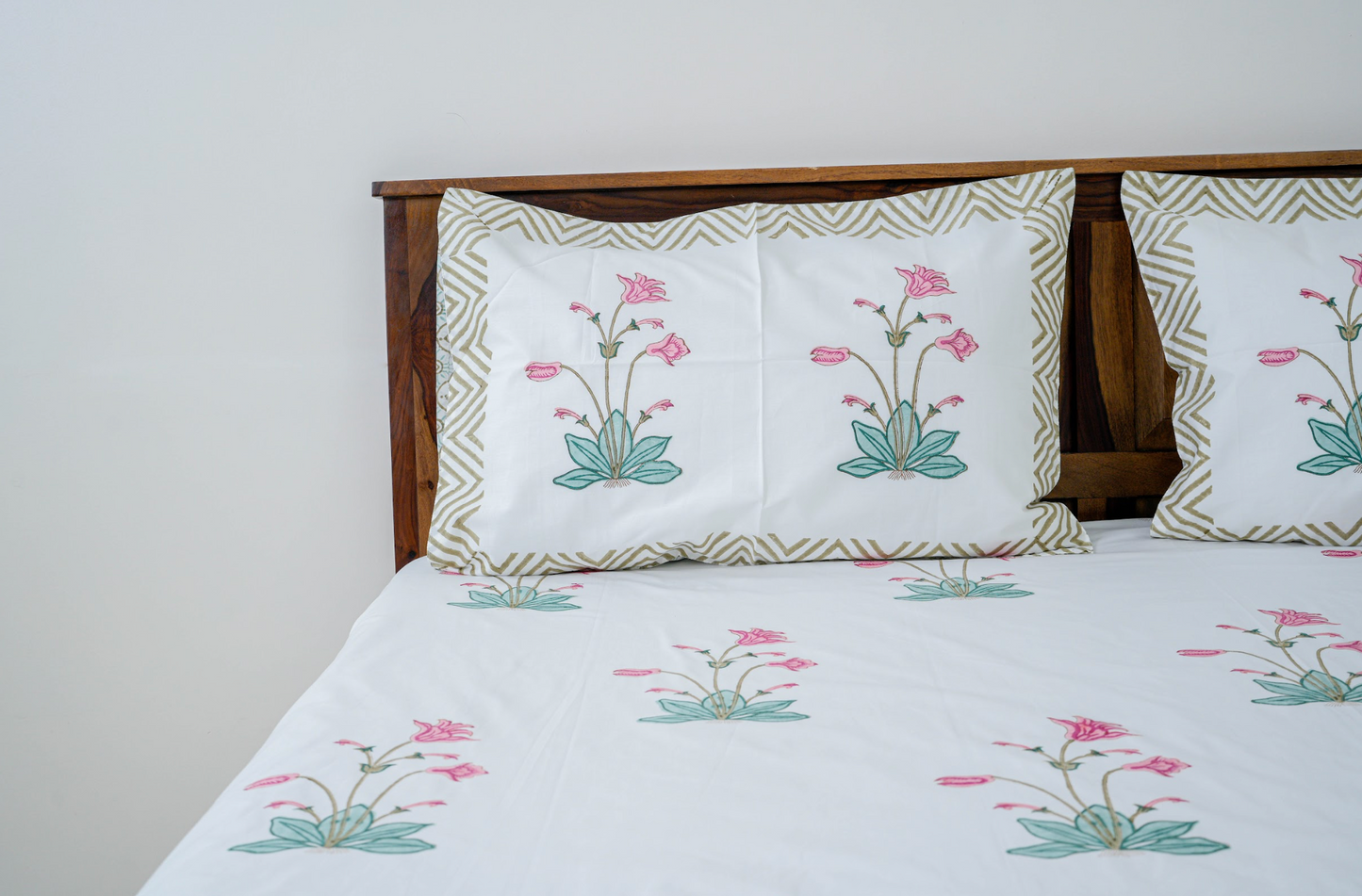 Water Lilies | Handblock printed Bedsheet|Double bed: Queen Size|300 TC Premium Cotton|Complementing pillow covers