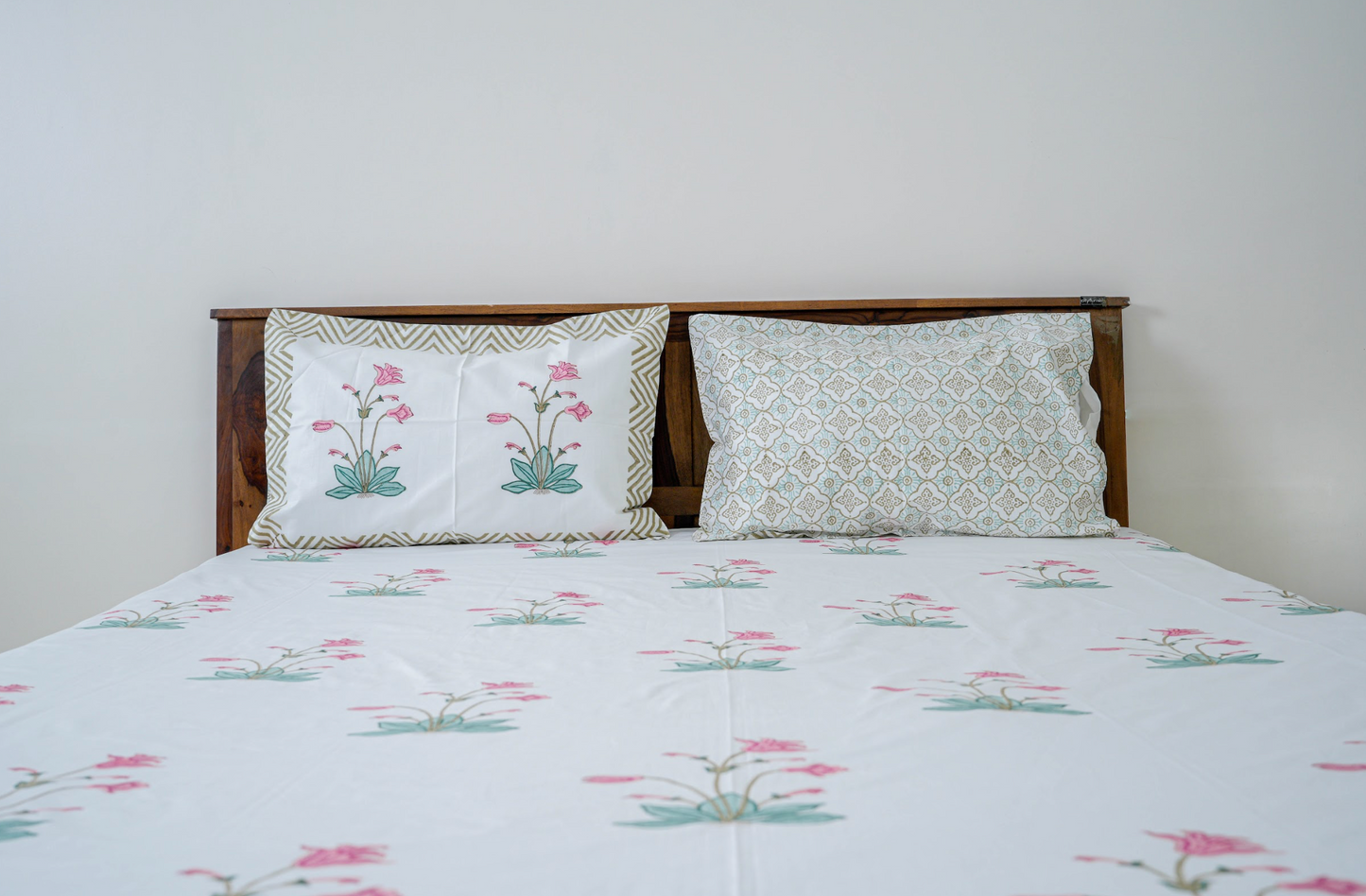 Water Lilies | Handblock printed Bedsheet|Double bed: Queen Size|300 TC Premium Cotton|Complementing pillow covers