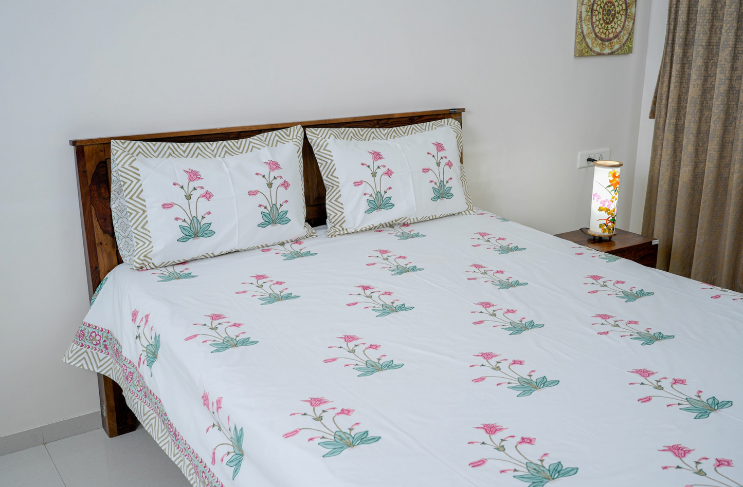 Water Lilies | Handblock printed Bedsheet|Double bed: Queen Size|300 TC Premium Cotton|Complementing pillow covers