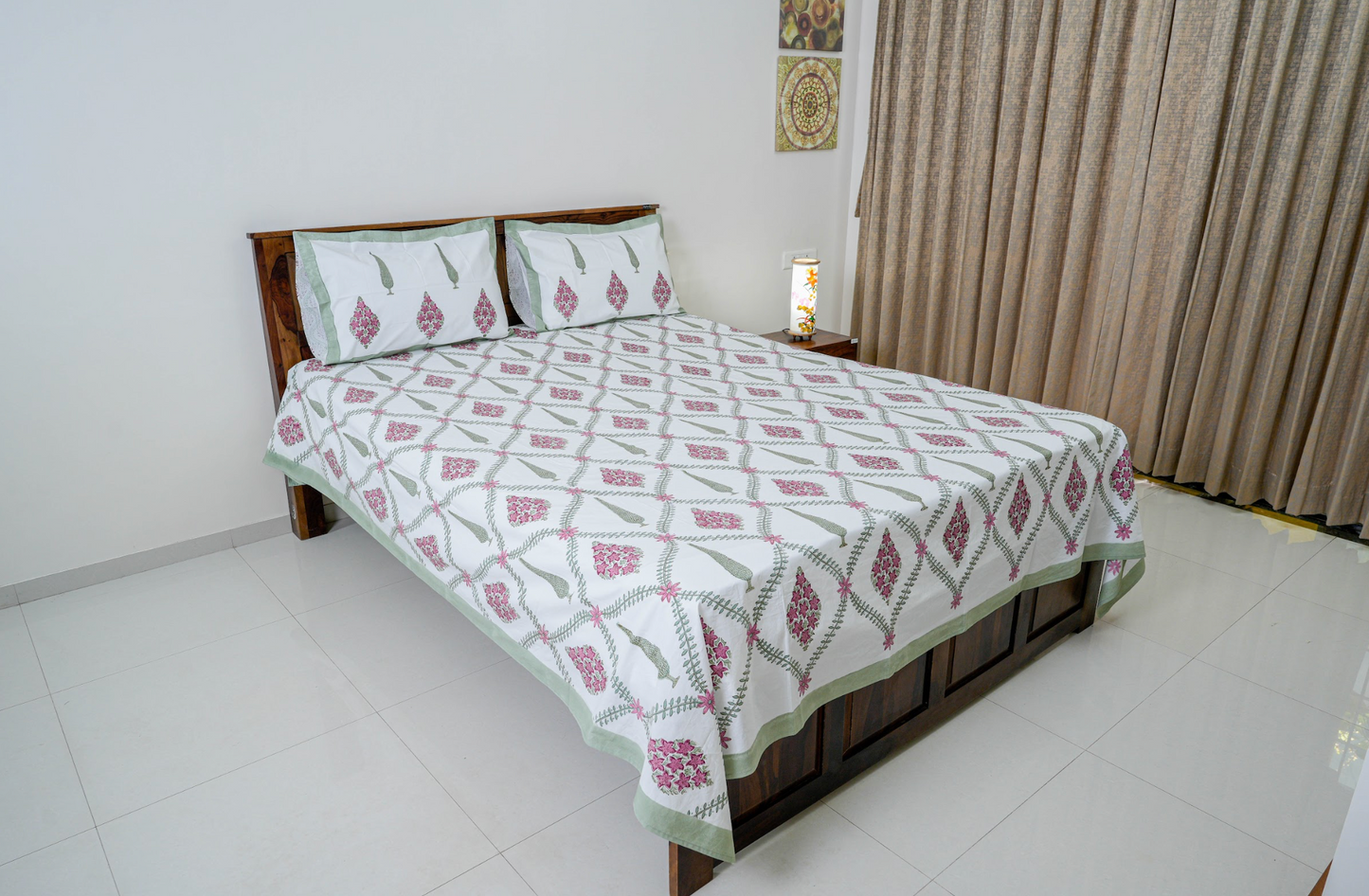 Cypress leaves and star flowers| Handblock printed Bedsheet|Double bed: Queen Size|300 TC Premium Cotton|Complementing pillow covers