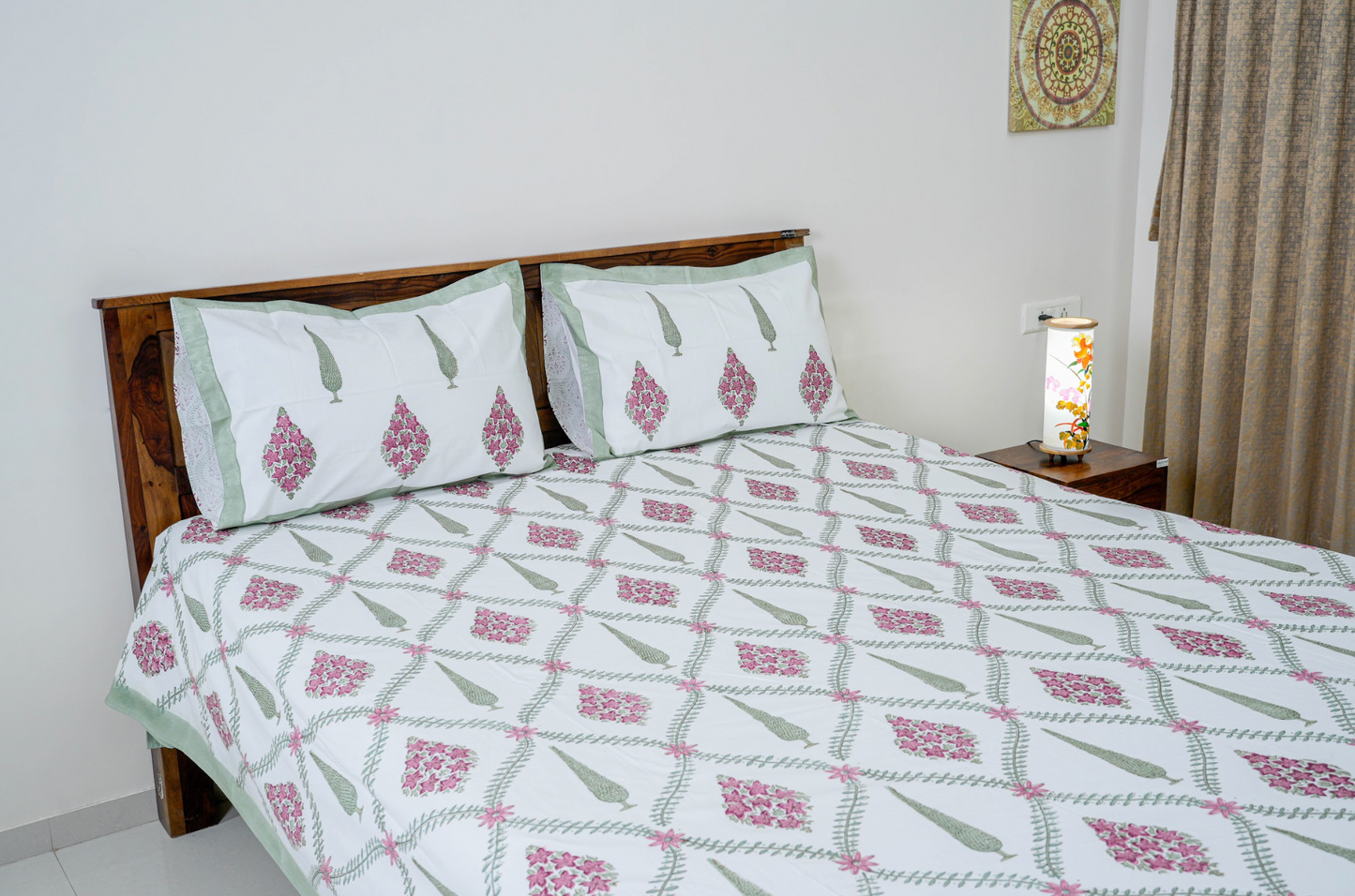 Cypress leaves and star flowers| Handblock printed Bedsheet|Double bed: Queen Size|300 TC Premium Cotton|Complementing pillow covers