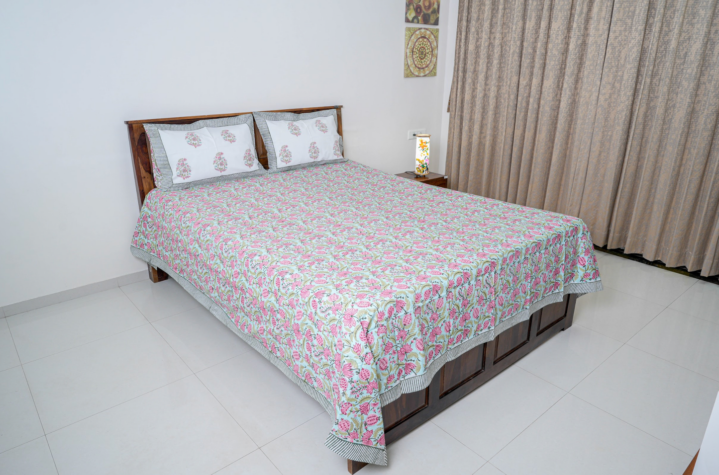 Pink roses on blue|Handblock printed Bedsheet|Doublebed: Queen and King Size|300 TC Premium Cotton|Complementing pillow covers