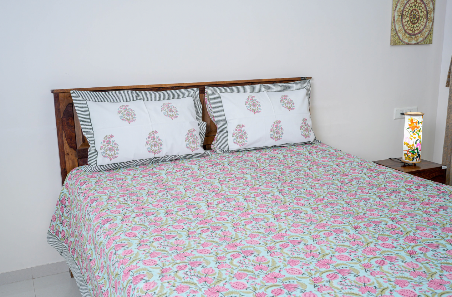 Pink roses on blue|Handblock printed Bedsheet|Doublebed: Queen and King Size|300 TC Premium Cotton|Complementing pillow covers