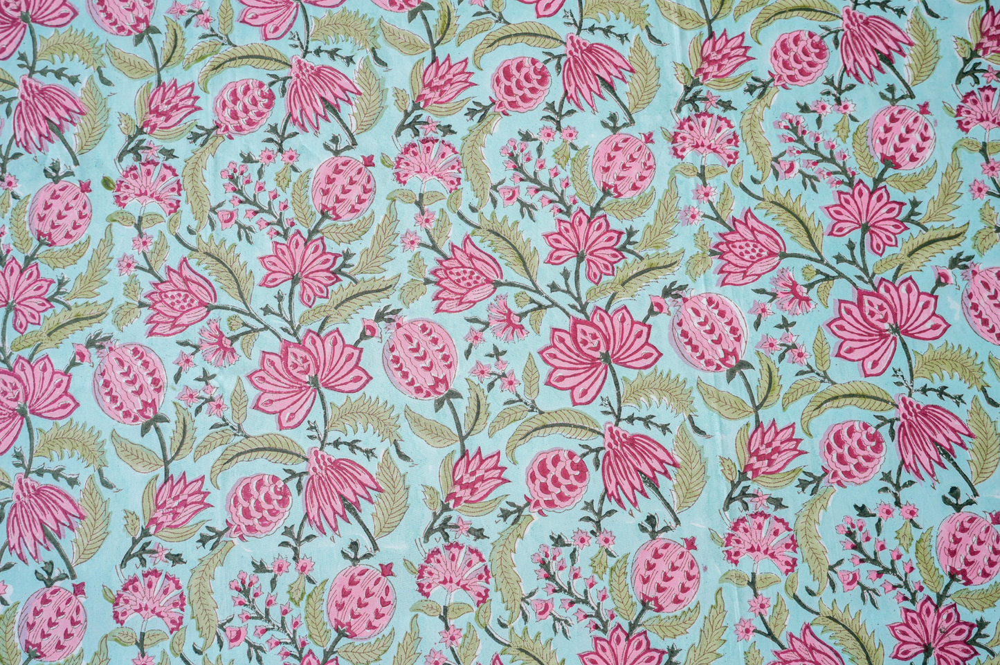 Pink roses on blue|Handblock printed Bedsheet|Doublebed: Queen and King Size|300 TC Premium Cotton|Complementing pillow covers