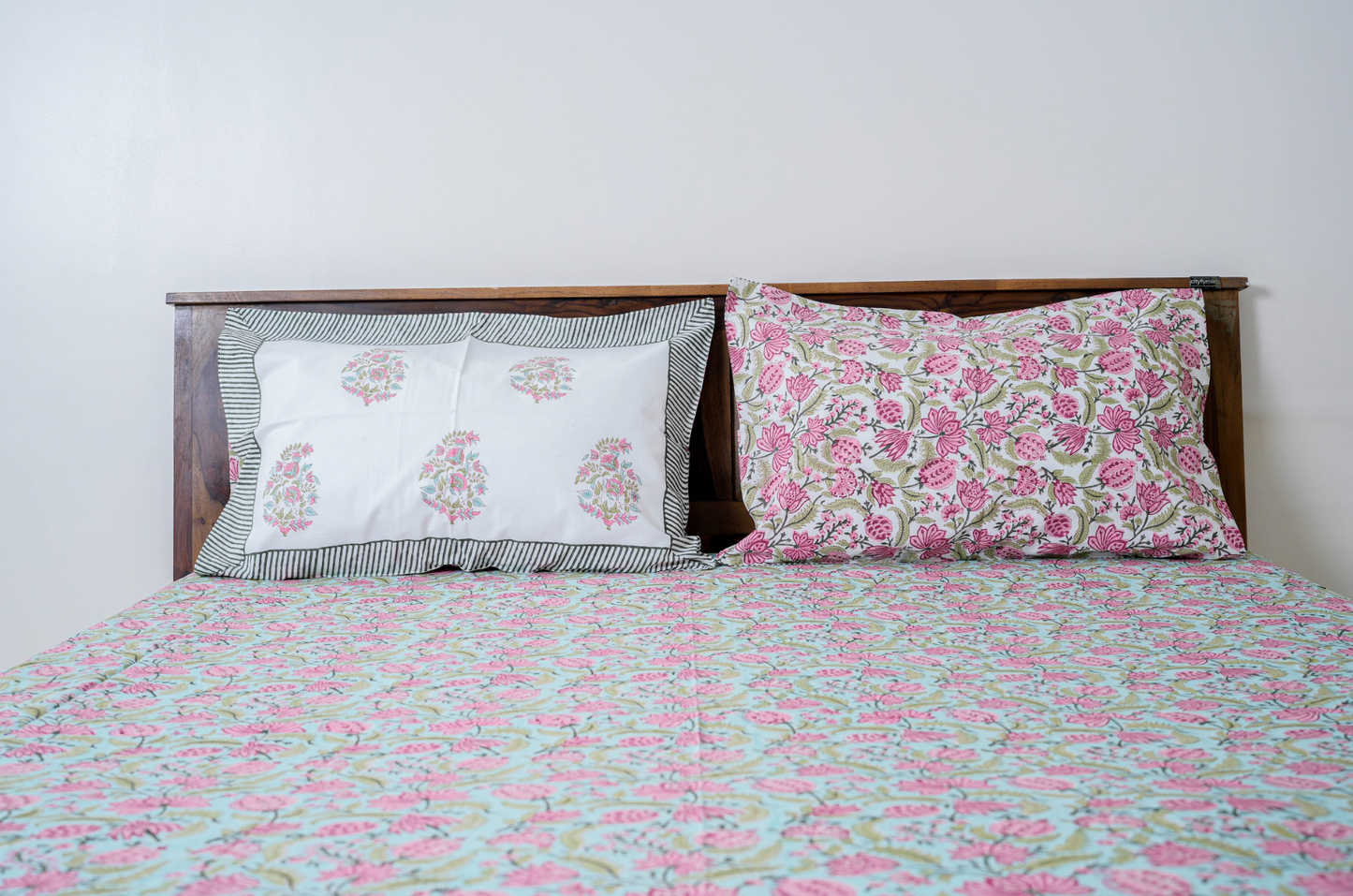 Pink roses on blue|Handblock printed Bedsheet|Doublebed: Queen and King Size|300 TC Premium Cotton|Complementing pillow covers