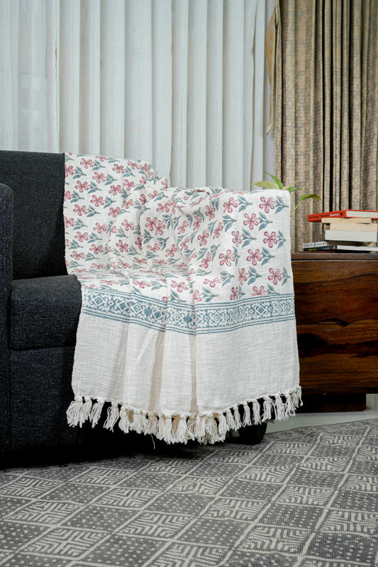 Handblock printed Sofa throw with tassels| Cotton Yarn