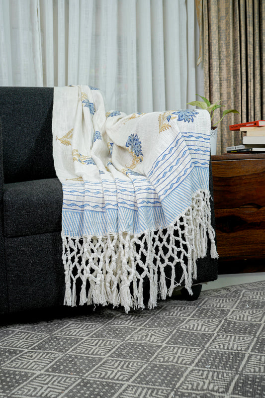 Handblock printed Sofa throw with tassels| Cotton Yarn